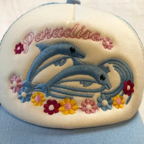 Dolphin Trucker Hat Paradise Embroidered Cap Blue White O/S Retro Kawaii Coastal - Picture 3 of 8